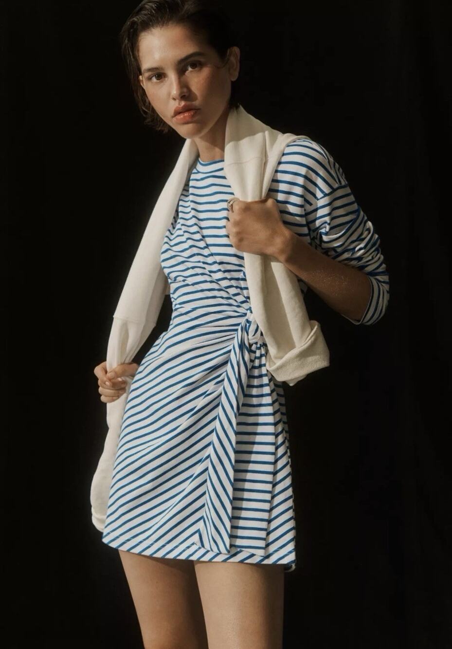 Daily Practice Blue/White Striped Knit Stretch Tie Waist Short Dress Size S